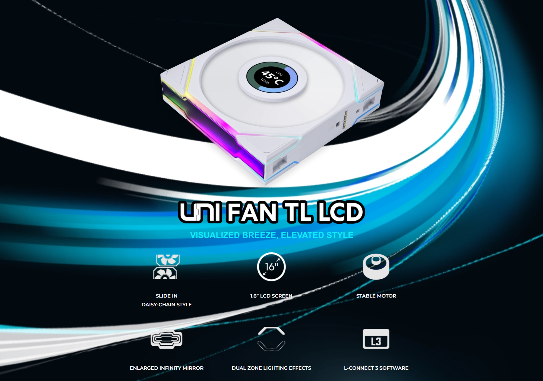 A large marketing image providing additional information about the product Lian Li UNI Fan TL LCD 120 120mm Fan Single Pack - Black - Additional alt info not provided